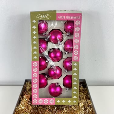 Vintage 1960’s Matte Pink Christmas Tree Ornaments Set of 12 AMC Glass Ball Ornaments, Mid Century Modern Atomic, Holiday Luxury Metallic 