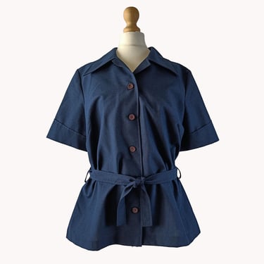 Finn-Lis 1970s Navy Blue Utility Style Dagger Collar Shirt Size M 