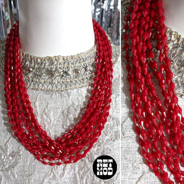 Fabulous Vintage 60s 70s Red Faceted Bead Multi-strand Statement Necklace 
