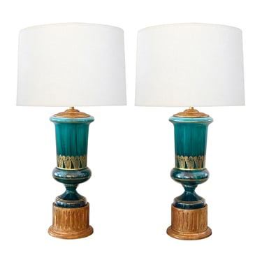 Pair of Neoclassical Style Teal Glass Urn-form Lamps with Gilt Decoration