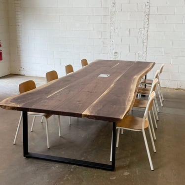 Live Edge Solid Walnut Wood Conference Table with reclaimed wood top and steel A frame legs in Oil Finish 