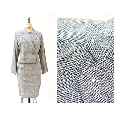 90s Vintage Plaid Jacket Skirt Suit Rhinestones Black and White Plaid Double Breasted Suit Jacket Rhinestone Glam Power Suit Small Medium 