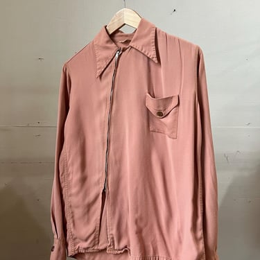 Small Med, Vintage 1950s Slant Zip Rayon Pink Shirt, Rare Style, S 