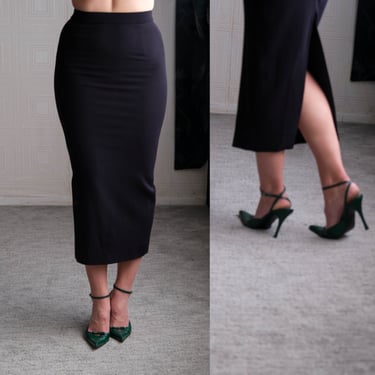 Vintage 90s Donna Karan Black Label Wool Crepe Gabardine High Waisted Pencil Skirt | Made in USA | 100% Wool | 1990s DKNY Designer Skirt 