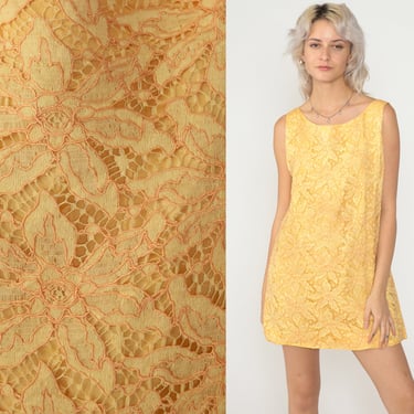 Yellow Lace Dress 60s Party Dress Mod Mini Cocktail Dress Floral Formal Shift Mad Men Sleeveless Jackie O Evening Vintage 1960s Medium M 