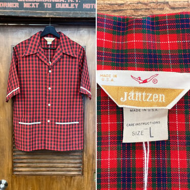 Vintage 1960’s Size L “Jantzen” Tartan Plaid Cabana Rockabilly Shirt, 60’s Vintage Clothing 