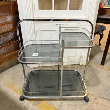 1970s Art Deco Style Tiered Glass and Chrome Bar Cart