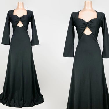 VINTAGE 70s Black Gothic Cutout Maxi Dress by Frederick's of Hollywood | 1970s Sexy Black Hostess Gown Keyhole Bodice Bell Sleeves | vfg 