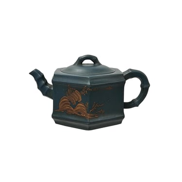 Vintage Chinese Gray Blue Hexagonal Bamboo Theme Zisha Clay Teapot Art Display JK298E 