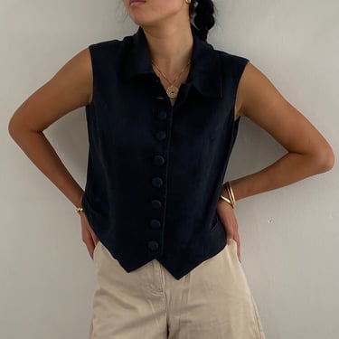 90s linen vest / vintage Annie Pinkerton black linen button front collared suit vest waistcoat sleeveless blouse | Medium 