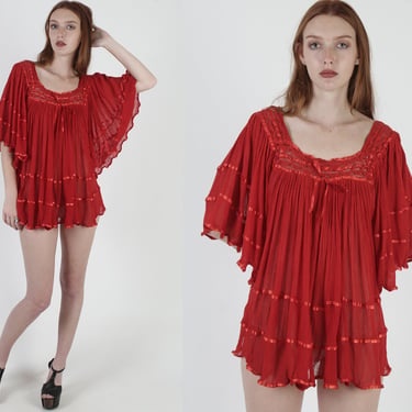 Red Mexican Gauze Tunic / Kimono Sleeve Cotton Blouse / Lightweight Sheer See Through Top / Airy Crochet Trim Angel Beach Cover Up Top 