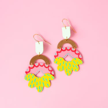 Cynara Earrings in Pink + Yellow - Lightweight Statement Leather earrings with Geometric Shapes 