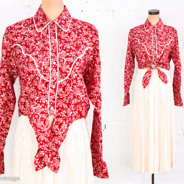 1980s Red Western Shirt | 80s Red Cotton Kerchief Blouse | Rockabilly | Banjo, Dallas Texas | Large 