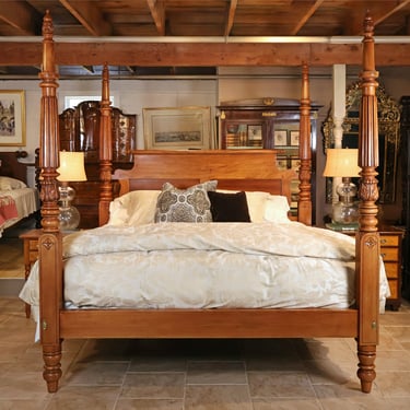 Custom Linenfold Tall Post Bed in Spanish Cedar, King Size with Roll-top, Repeat-end, 2 Panel Headboard</p#x3E; SKU: SL061925H<p#x3E; </p#x3E;<p#x3E;