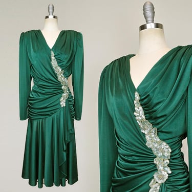 1980s Dress / 1980s Cocktail Dress / 1980s Party Dress / Green Party Dress / Size Medium Large 