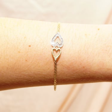 Diamond Double Heart Bracelet In 14K Yellow Gold, White Gold Diamond Setting, Mesh Link Chain, 7 1/4" L 