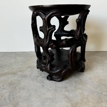 Vintage African - Style Hand Carved  Faux Bois Round Side Table 