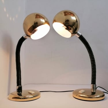 Pair of Vintage Table Lamps/ 2 of 2 Gooseneck Lamps/ Adjustable Desk Lamps/ Mid Century Modern Night Lights/ Golden Bedside Lights/ 80s 