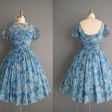 vintage 1950s Jonathan Logan Blue Floral Chiffon Full Skirt Cupcake Dress | Medium 