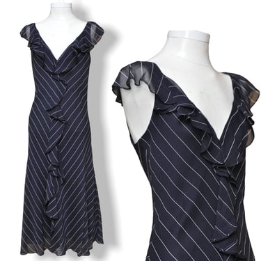 Vintage Lauren Ralph Lauren Navy Blue Silk Ruffle Dress Size Small 
