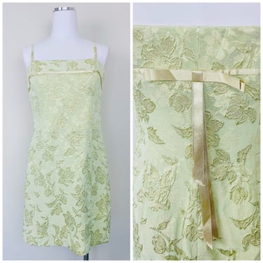 Y2K Vintage Carlisle Mint Green Empire Waist Dress / Silk and Viscose Floral Ribbon Mini Dress / Size Small 