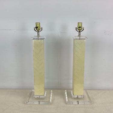 Pair Mid-Century Tessellated Lucite Table Lamps- Karl Springer Style 