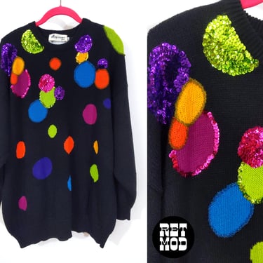 Happy Vintage 90s Colorful Sequin Polka Dot Oversized Black Sweater 