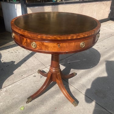 Not a Clue | Vintage Leather Top Drum Table by Henredon