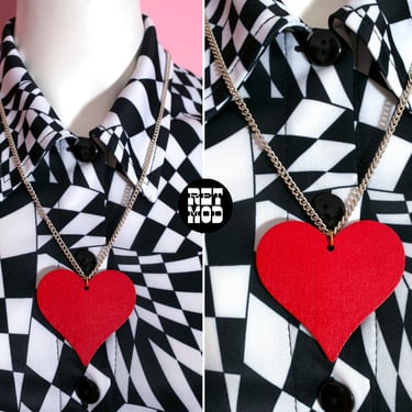 Sweet Vintage 70s Silver Chain with Red Wood Heart Pendant 