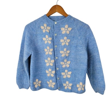 Vintage Hand Knit Wool Cardigan Sweater XS Small Medium Blue Floral Lightweight 