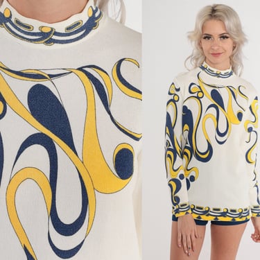 70s Psychedelic Blouse Mod Top Abstract Swirl Print Mock Neck Shirt Groovy Seventies Long Sleeve White Blue Yellow Vintage 1970s Small S 