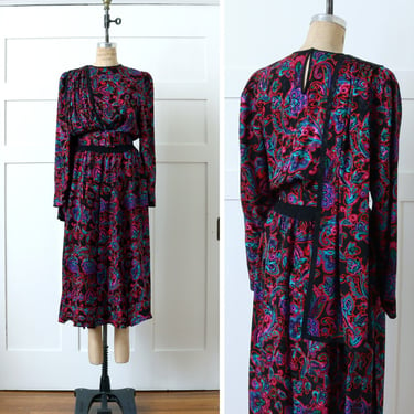 vintage 1980s Diane Freis silk dress • bright paisley long sleeve dress with shoulder drape scarf 