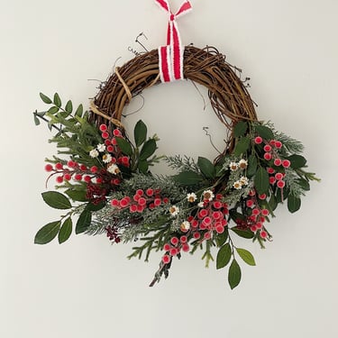 Classic Front Door holiday wreath, Green and Red Holiday wreath with Dried Accents and Candy Cane Ribbon 
