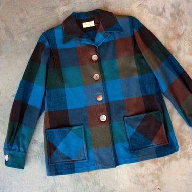 50s Pendleton 49er Jacket Blue and Green Plaid Wool Size L 