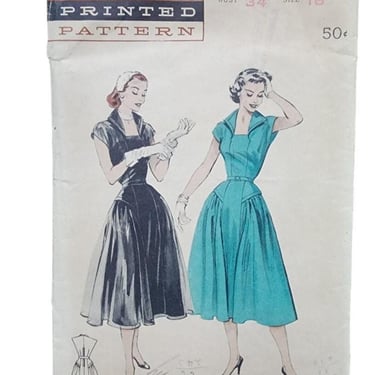 Vintage 50s Dress Sewing Pattern: One Piece Dress Wing Collar Butterick 6538 / Bust 34 