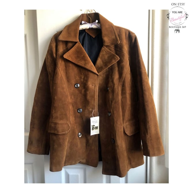 Vintage Mens CONFEZIONI DI LUSSO Mod 1960's Overcoat Coat Jacket, brown Suede, Italy, Size 42, Medium, Designer hippie boho, Double breasted 