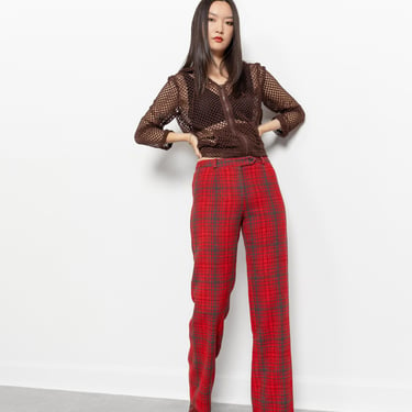 BCBG PLAID Wool TROUSERS Vintage Red Maroon Pants Mid Rise Tartan Woman 90's / 36 Inch Hips / Size 4 