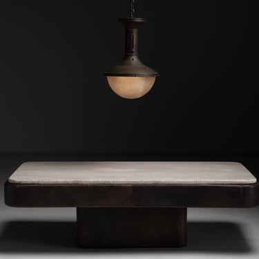 Industrial Holophane Glass Pendant / Leather & Travertine Coffee Table by de Sede