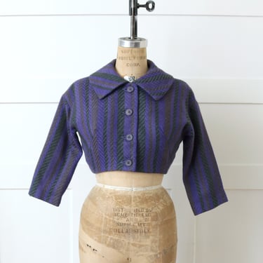 vintage tailored cropped wool jacket • early 1960s purpled & green striped bolero 