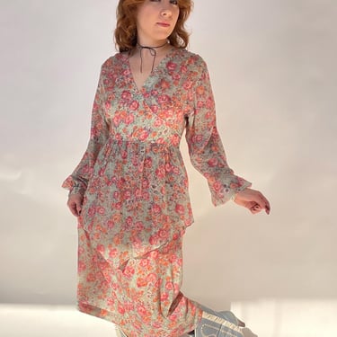 1970s Dress Floral Nylon Chiffon Bishop Sleeve M 