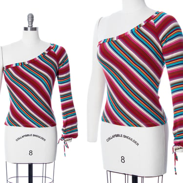 Vintage Y2K Top | 2000s One Single Sleeve Striped Jersey Knit Colorful Cold Shoulder Long Sleeve Shirt (x-small/small) 