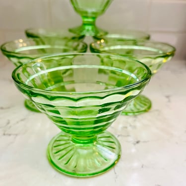 Circa 1930s Set of 6 Vintage Green Glass Block Optic Sherbet Sorbet Dessert Cups by LeChalet