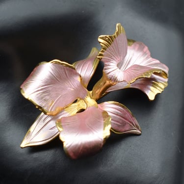 1982 Cerrito Original enamel on gold plate iris brooch, big asymmetrical pink & gold orchid pin 