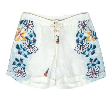 Calypso - White & Multicolor Floral Print High Waist Linen “Hatteras” Shorts Sz S