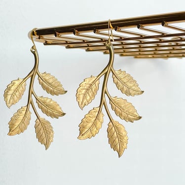 long gold leaf earrings, gold branch earrings, vintage brass charm earrings, dangle drop earrings, unique gift for her 