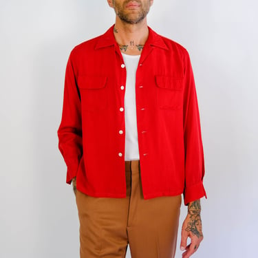 Vintage 50s McGREGOR Red Rayon Gabardine Two Pocket Loop Collar Button Up Shirt | Made in USA | 100% Rayon Gabardine | 1950s Designer Shirt 