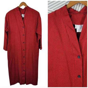 Vintage Jacket Shirt Dress Size 14/16 Red Button Up Stripe Pockets Art To Wear 