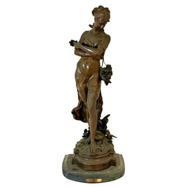 Bronze Table Sculpture on Marble Girl w Wheat by Louis Moreau Reproduction 