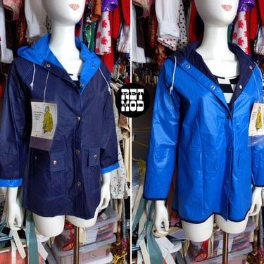 Deadstock REVERSIBLE Vintage 70s Navy Blue & Smurf Blue Raincoat with Hood and Pockets 