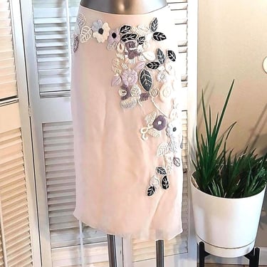 Vintage 90s Pink Silk Skirt /  Amazing Embroidery / BCBG / S 